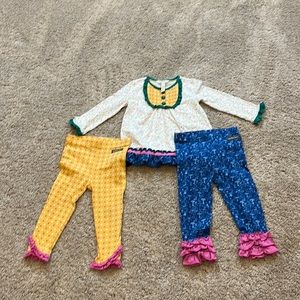 Matilda, Jane, dress and pants, color, white mustard, yellow, and blue set three